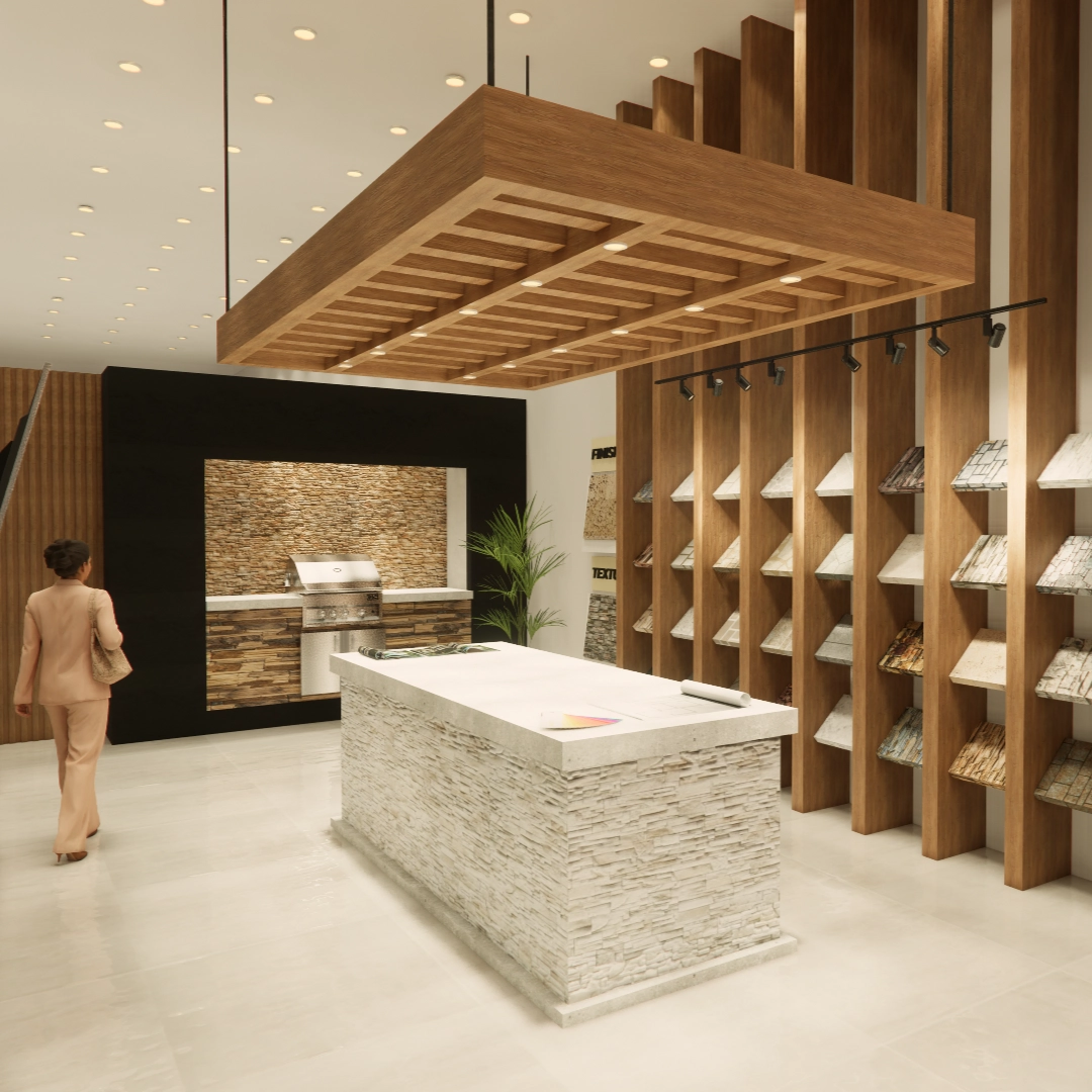 Visualización arquitectónica de showroom con texturas de piedra y madera