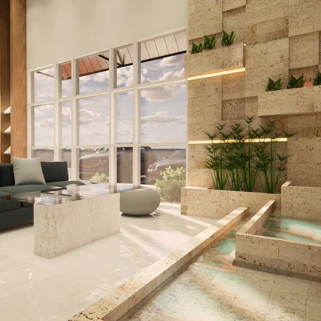 Interior residencial con luz natural, vegetación y espejo de agua