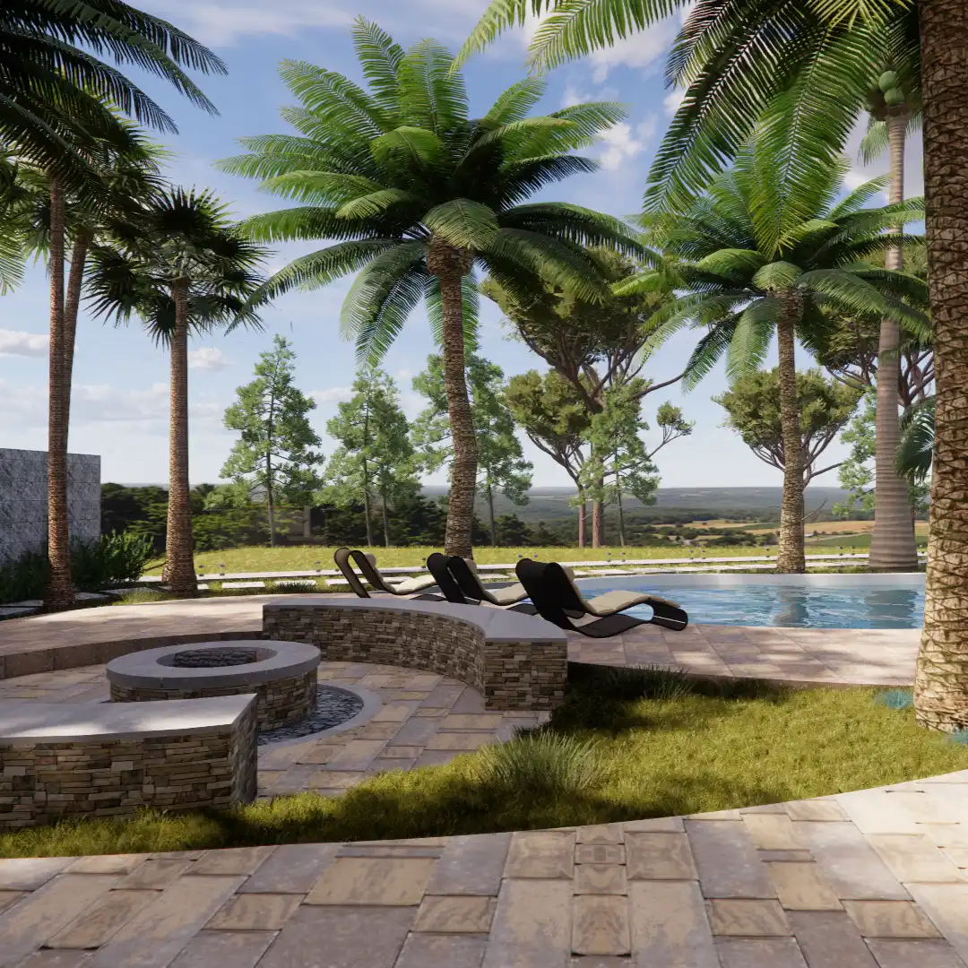 Proyecto exterior con piscina, palmeras y área de descanso