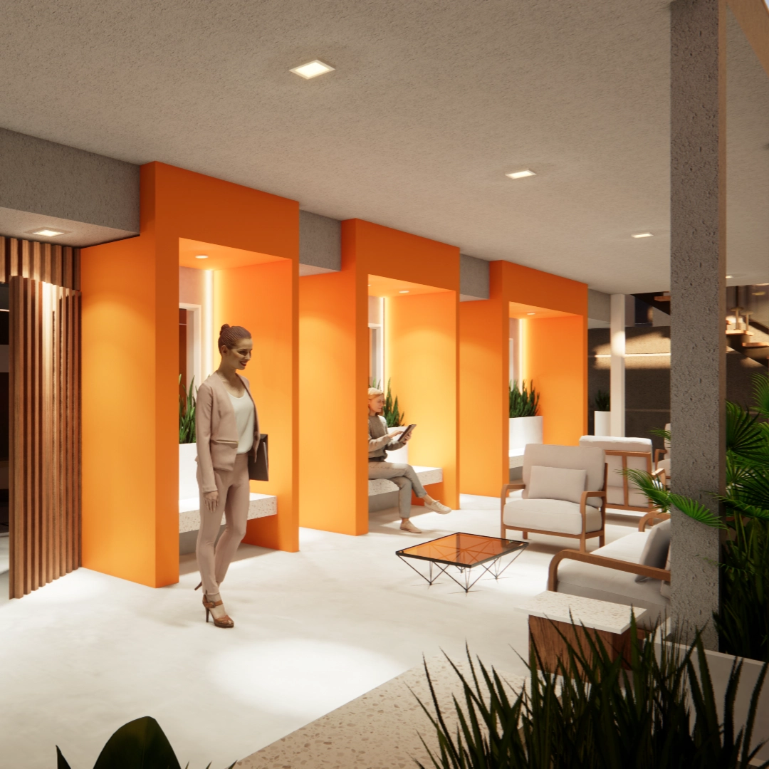 Espacio interior con estructuras naranjas y zonas de espera